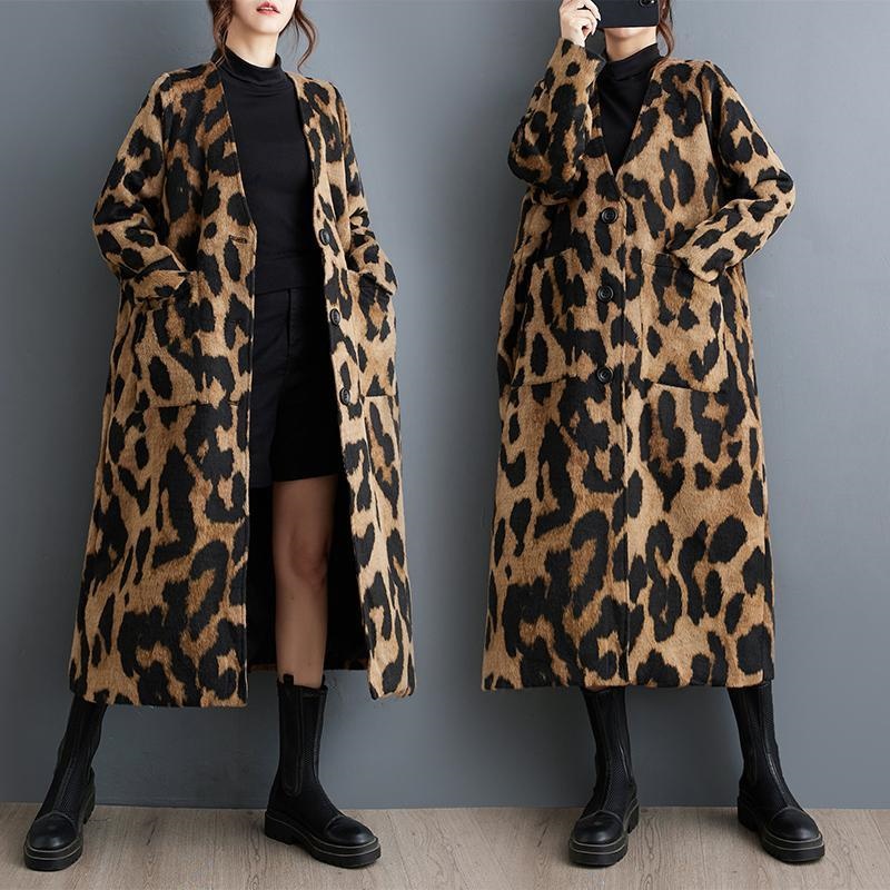 Winter Clothing Layers - Retro Fashion Leopard Print Woolen Trench