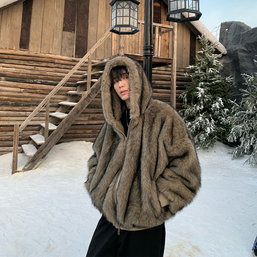 Men Faux Fur Coats Jackets Hoo - Winter Clothing Clearance 评论和价格