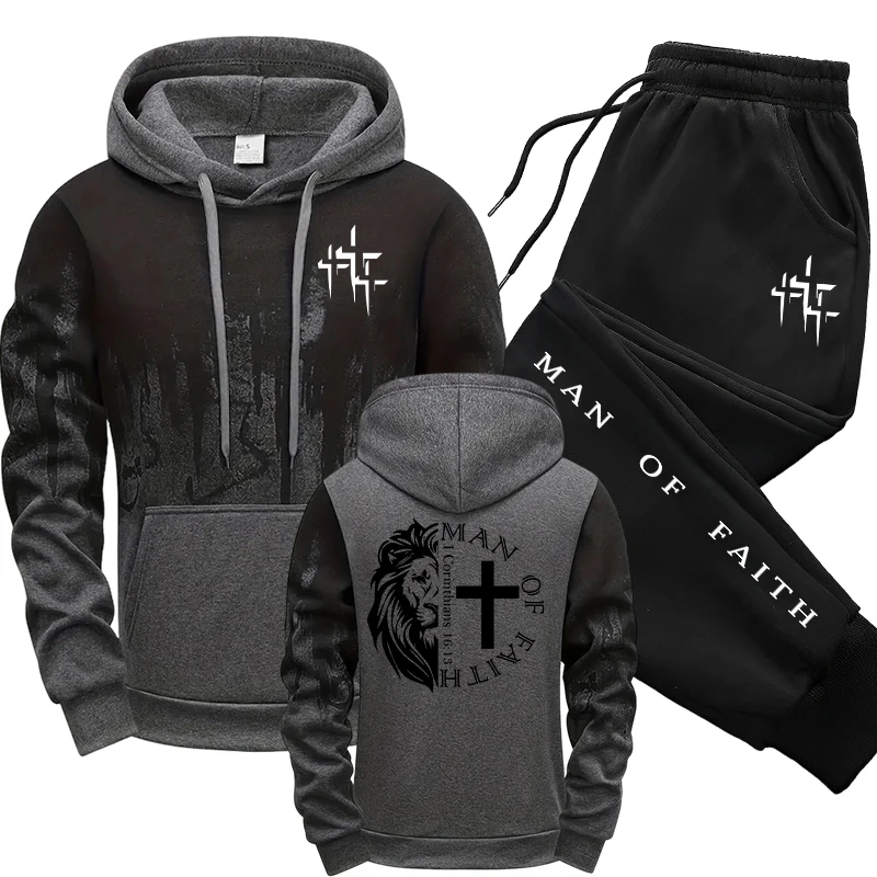 Man of Faith Pattern Men's Set - Winter Clothing Hoodie 评论和价格